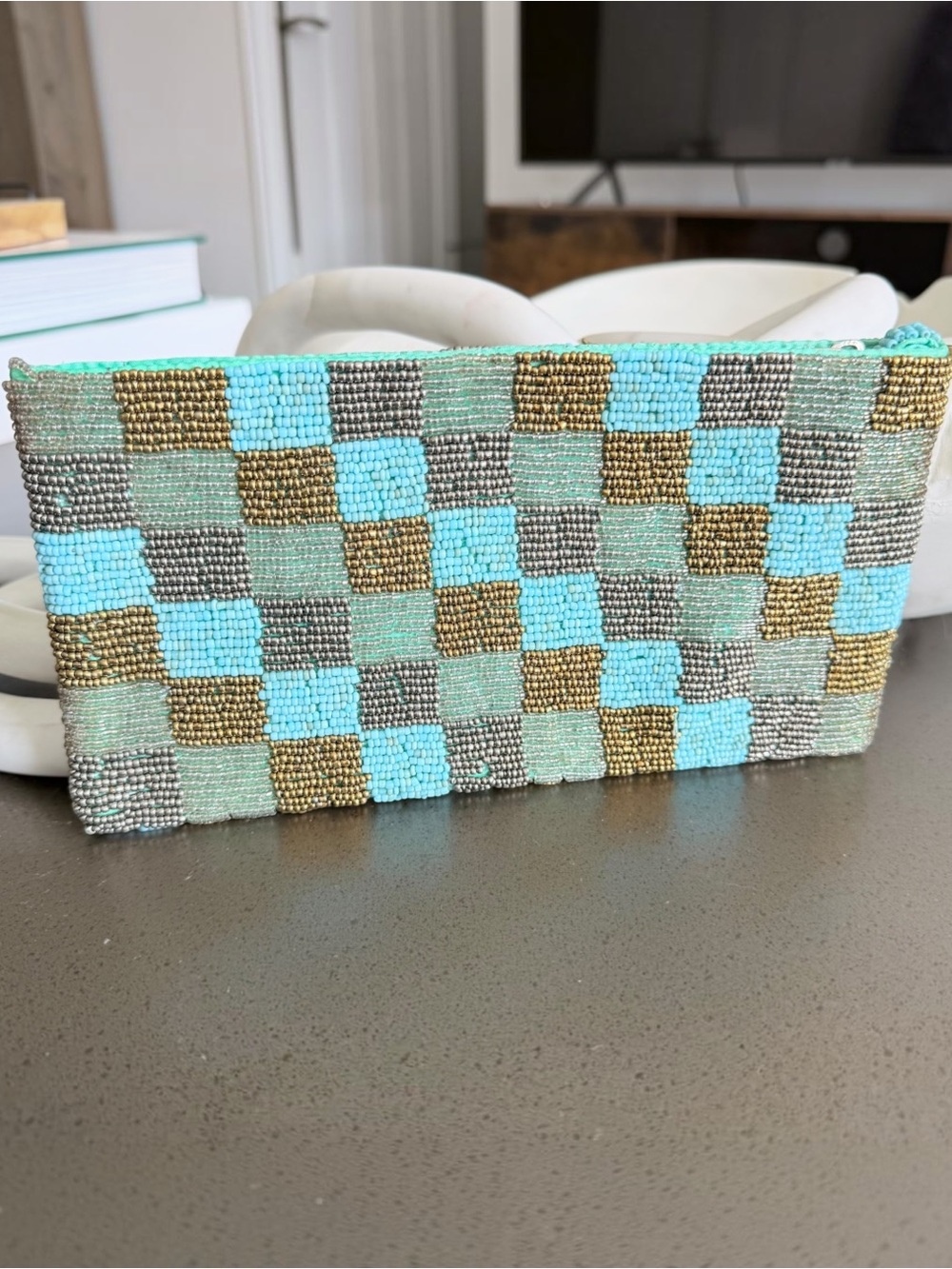 Beaded Checkerboard Clutch Bag Turquoise Gold Silver